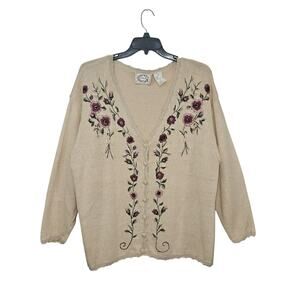 Vintage Floral Embroidered Cardigan Sweater Button-Up Pearls Knit Size 2X Plus